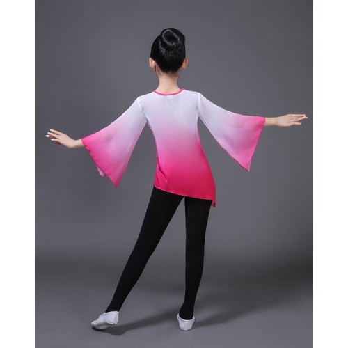 Kids chinese folk dance dresses ancient yangko fairy traditional stage performance competition gradient colors tops 